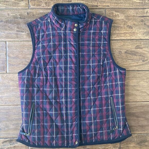 Talbots Womens Tartan Blue Purple Plaid Puffer Vest Full Zip Size Medium P - Picture 1 of 8